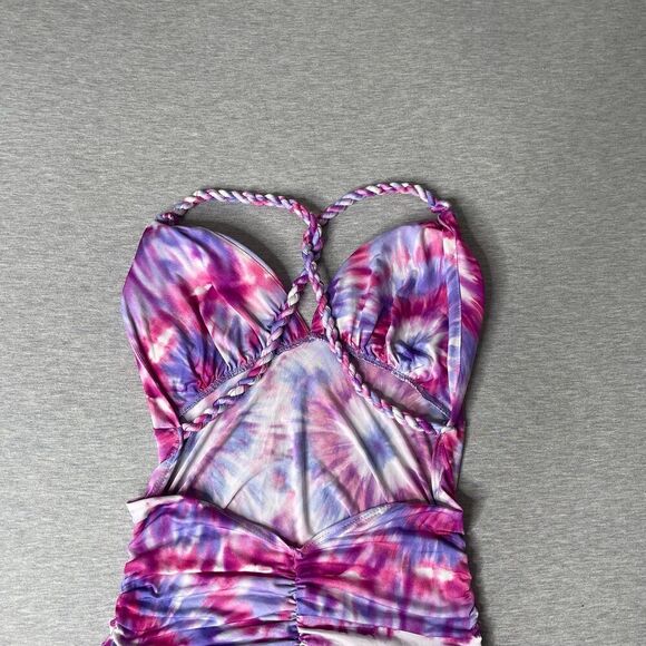 GUESS Women’s Tie-Dye Open Back Knotted Racerback Padded Plunge Top - Picture 9 of 12